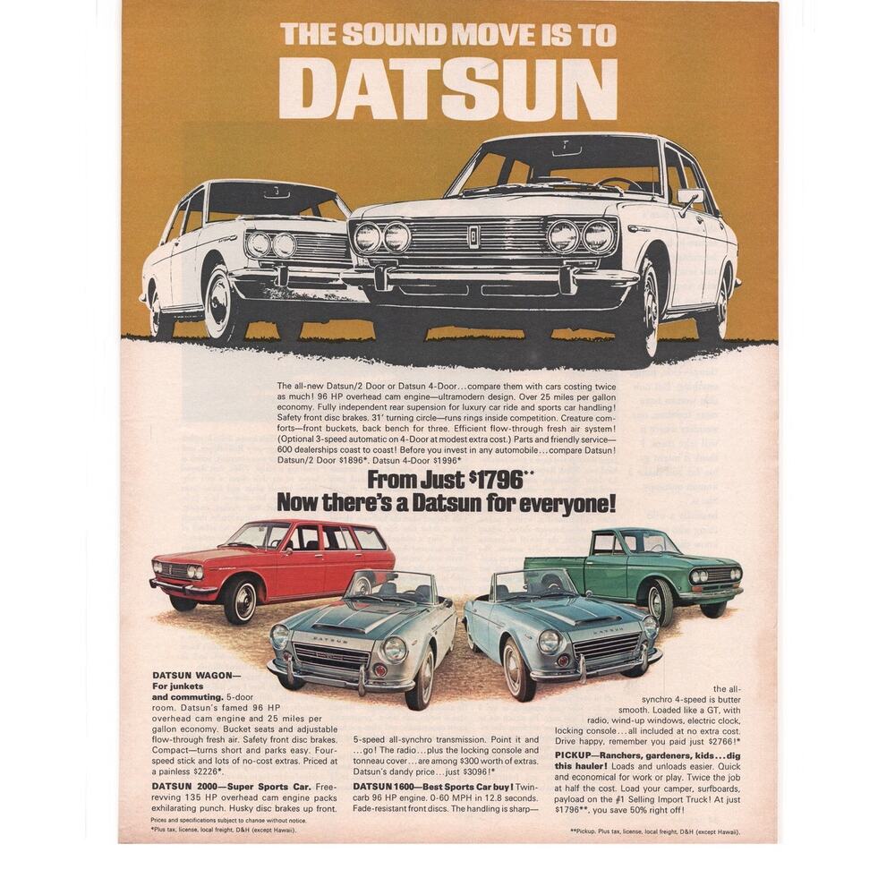 Datsun Magazine Advertisement 1969 Vintage Car Japan Pick Up Wagon Sports Car